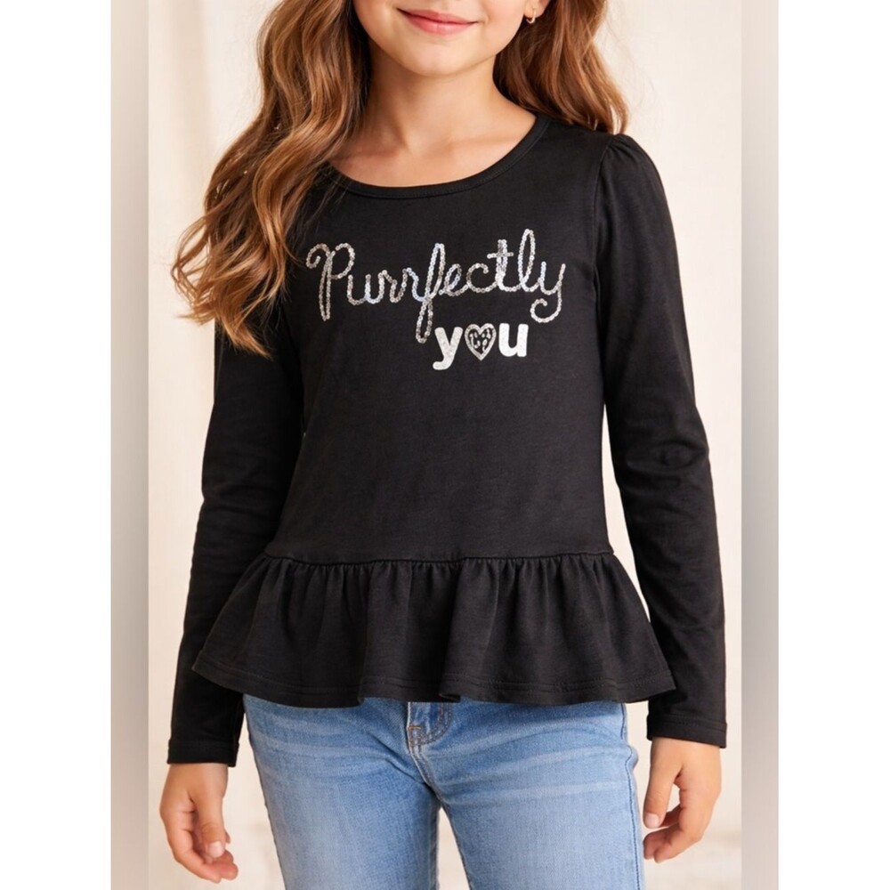 Flapdoodles Girls Size 6 Black Peplum Top Long Sleeve Cat Sequin Graphic